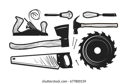 Carpentry, joinery icons. Set of tools such as axe, hacksaw, hammer, planer, disc circular saw, cutters. Vector illustration