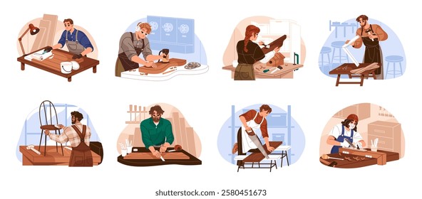 Carpentry, joinery set. Carpenters work with wood in workshop. Woodwork makers carve, processing timber with hand tools. Joiners make wooden furniture. Flat isolated vector illustrations on white