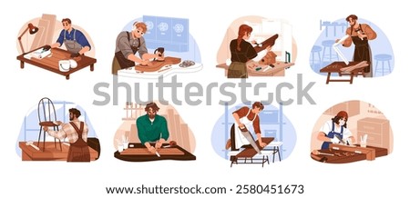 Carpentry, joinery set. Carpenters work with wood in workshop. Woodwork makers carve, processing timber with hand tools. Joiners make wooden furniture. Flat isolated vector illustrations on white