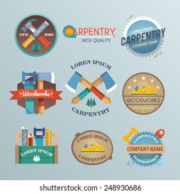 Carpentry label set with carpenter toolbox wood work equipment and instrument isolated vector illustration