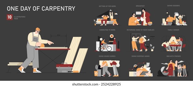 Carpentry Life set. Daily routine of a carpenter from morning to family time. The harmony of profession and personal life. Vector illustration.