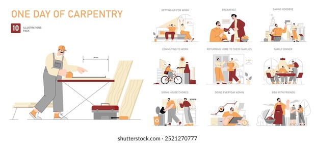 Carpentry Lifestyle set. Journey through a carpenter's daily life, from dawn until dusk. Work, family, and leisure activities. Vector illustration.