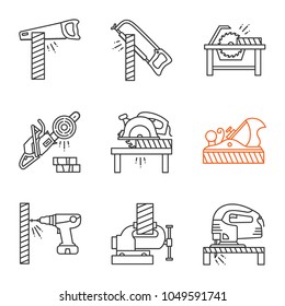 Carpentry linear icons set. Woodworking. Hand saw, hacksaw, circular saws, chainsaw, jack plane, electric screwdriver, bench vice. Thin line contour symbols. Isolated vector outline illustrations