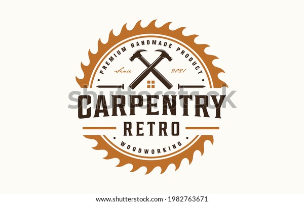 Carpentry logo, circular saw emblem
badge with metal nail, hammer, window, roof design
vector