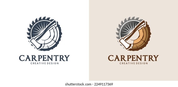 Diseño del logotipo de carpintería, aserradero o corte de madera con concepto de vintage creativo