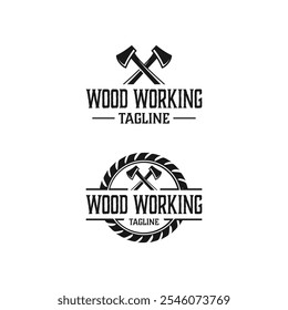 carpentry logo design, carpentry tool set, saw, r, circular saw, vintage, woodworking, vector, retro
