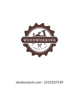 Carpentry Logo Design Vintage Vektorgrafik mit Holzbearbeitung Kreissäge und Hobelwerkzeuge