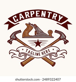Carpentry logo with elements of wood planer tool or jack plane, vector illustration design, for woodworking