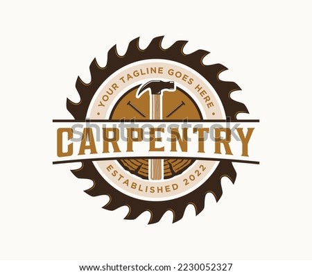 Carpentry logo emblem vintage, circular saw blade, hammer and nail, woodwork, lumber, wood texture fit for carpenter, construction, wood cutting