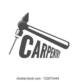 Carpentry logo with hammer and hobnail, woodwork art isolated on white background vector
 