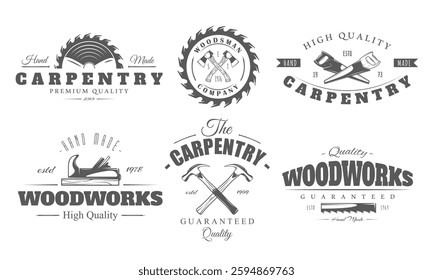 Carpentry logo set isolated on white background.  Carpenter work tool elements: wood, blade, saw, hammer, axe for vintage label design. Vector illustration