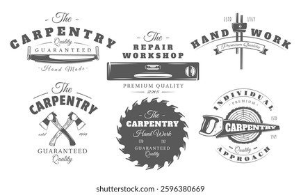 Carpentry logo set isolated on white background. Carpenter work tool elements: wood, blade, saw, axe for vintage label design. Vector illustration