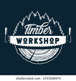 Carpentry logo. Slice of wood. Monochrome emblem of wooden stump and saw for handyman craftswork