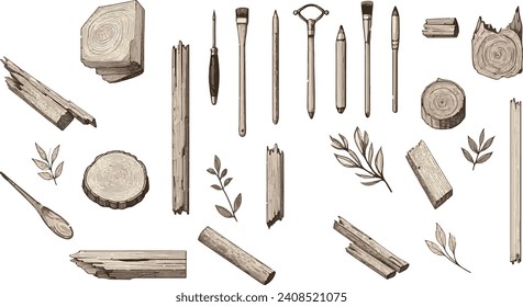 carpentry materials, wood, trunk, rustic materials, nature, vector art.