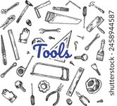 Carpentry Mechanical Plumbing Painting Industrial Tools Doodle Hatching Vector Bundle