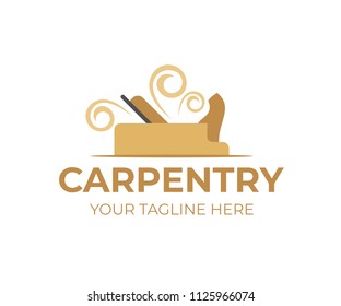 Carpentry, plane with wooden shavings or chips, logo template. Woodworking or sawmill, lumberjack service and wood workshop, vector design, illustration