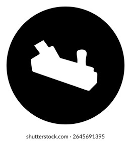 A carpentry planer symbol in the center. Isolated white symbol in black circle. Vector illustration on white background