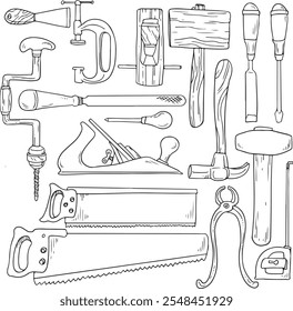 Carpentry professional tools hand drawn illustrations set. Woodwork equipment vector isolated cliparts pack. Craftsman, carpenter items design elements collection. Axe, hammer, saw , black line set.