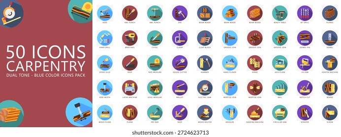 Carpentry rounded color icons pack. contain adze, awl, axe, wood, drill, dowel, chisel, hand plane, hammer, electric saw, nail and more. Vector for print, digital UI, UX kit, web and app development.