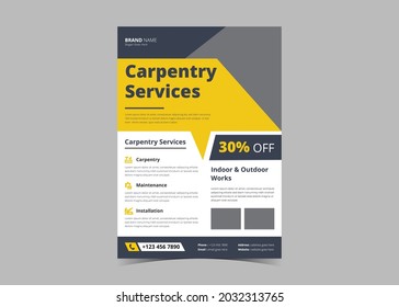 Plantilla de diseño de volante de servicio de carpentry. Diseño del folleto de carpintería para el servicio de reparación en el hogar
