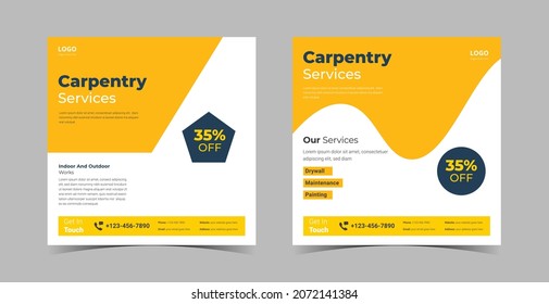 Carpentry service social media design template. Carpentry home repair service poster leaflet design 
