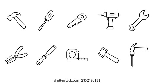 Carpentry set icon. Icon related to handyman tools. Contains icons hammer, screwdriver, saw, drill, etc. Line icon style. Simple vector design editable