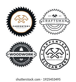 Carpentry Set Logo Badge Icon Template Vector Illustration Design. Hammer, Drill, Wood, And Saw Logo