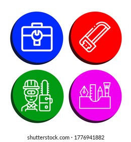 carpentry iconos simples conjunto. Contiene iconos como Toolbox, Saw, Carpenter, Painting tools, que se pueden usar para web, móvil y logotipo