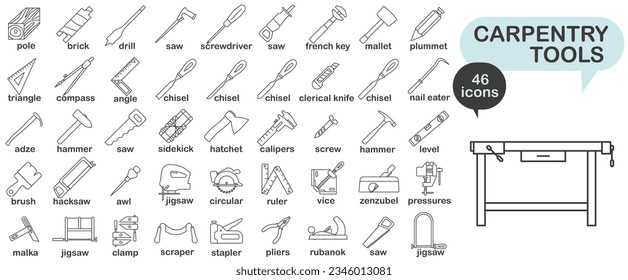 Carpentry tool icon collection. Carpentry tool thin line with title. Vector illustration. EPS 10.