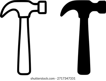 Icono de herramienta de carpintería, ilustración de martillo, esquema y versiones de silueta