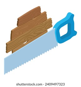 Carpentry tool icon isometric vector. Hand saw instrument and old wooden board. Woodworking, carpentry