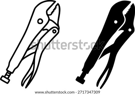 Carpentry tool icon, locking pliers illustration, outline and silhouette versions