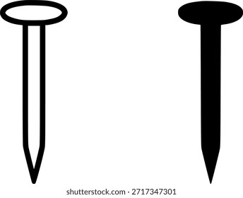 Icono de herramienta de carpintería, ilustración de uñas, contorno y versiones de silueta