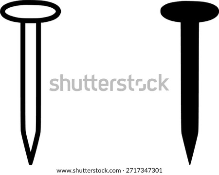 Carpentry tool icon, nail illustration, outline and silhouette versions