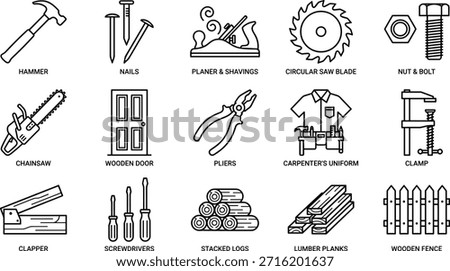 Carpentry tool icon set, woodworking vector symbols, hammer, saw, planer, clamp, door, fence, uniform, bolts, planks, screws, editable graphics, black line illustrations, construction elements, DIY essentials