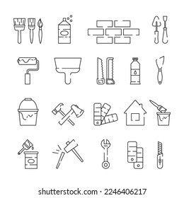 Carpentry tool icons. House renovate. Paint brush and roller for decorator. Spatula and bucket. Painter line symbols. DIY wall equipment. Building makeover. Vector pictogram garish set