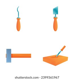 Carpentry tool icons set cartoon vector. Hammer chisel and trowel. Construction and repair tool