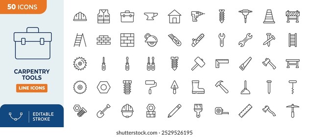 carpentry tool Line Editable Icons set. carpentry tool icons Pixel perfect. toolbox, safety vest, builder, shovel trowel, hammer, screwdriver, screw, nut etc
