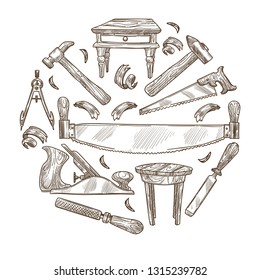 Instrumentos de carpintería instrumentos de trabajo de madera boceto vectorial sierra y martillo de fichero y plano de unión de cincel y calificadores de motosierra y silla de madera o mesita de noche aserrar muebles hechos a mano artesanía