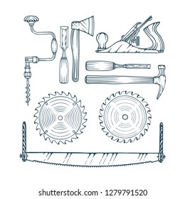 Carpentry tools collection: drill, chisels, ax, plane, hummer, saw.
Hand drawn old style carpentry tools vector illustrations set.