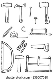 Carpentry tools doodles - kit for traditional carpenter or cabinetmaker. Hand-drawn illustration converted to vectors.