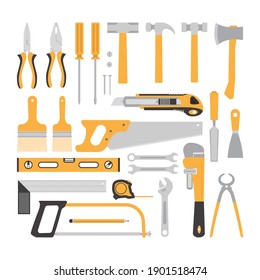 Carpentry Tools Flat Design Concept, Yellow Carpentry Tools Collection Isolated On White Background