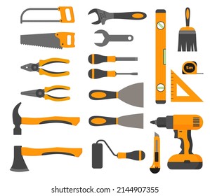 Carpentry Tools Flat Design Concept, Sammlung von gelben Arbeitswerkzeugen einzeln auf weißem Hintergrund EPS10