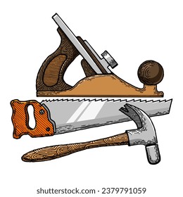 Carpentry tools hand drawn color sketch engraving vector illustration. Scratch board style imitation. Hand drawn image.