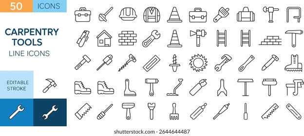 Carpentry tools line icons with editable stroke isolated on white