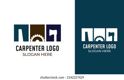 Carpentry tools logo design. Carpenter symbol with a handsaw, saw, and ax icon. Simple woodworker identity