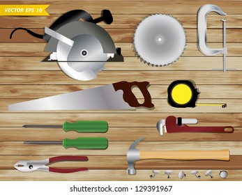Carpentry tools on wooden texture background, Vector template design