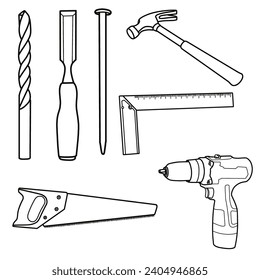 Carpentry tools. Outline vector illustration