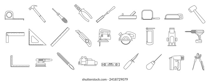 Carpentry Tools Outline Vector Set Illustration