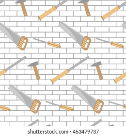 Carpentry tools pattern design brick wall. Hammer and saw, industry with instrument for service, vector illustration